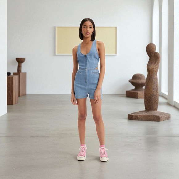 NWT New LEVI’S Rydon Cutout Denim Zip-Up Romper Shorts One Piece Sz S - Picture 1 of 5